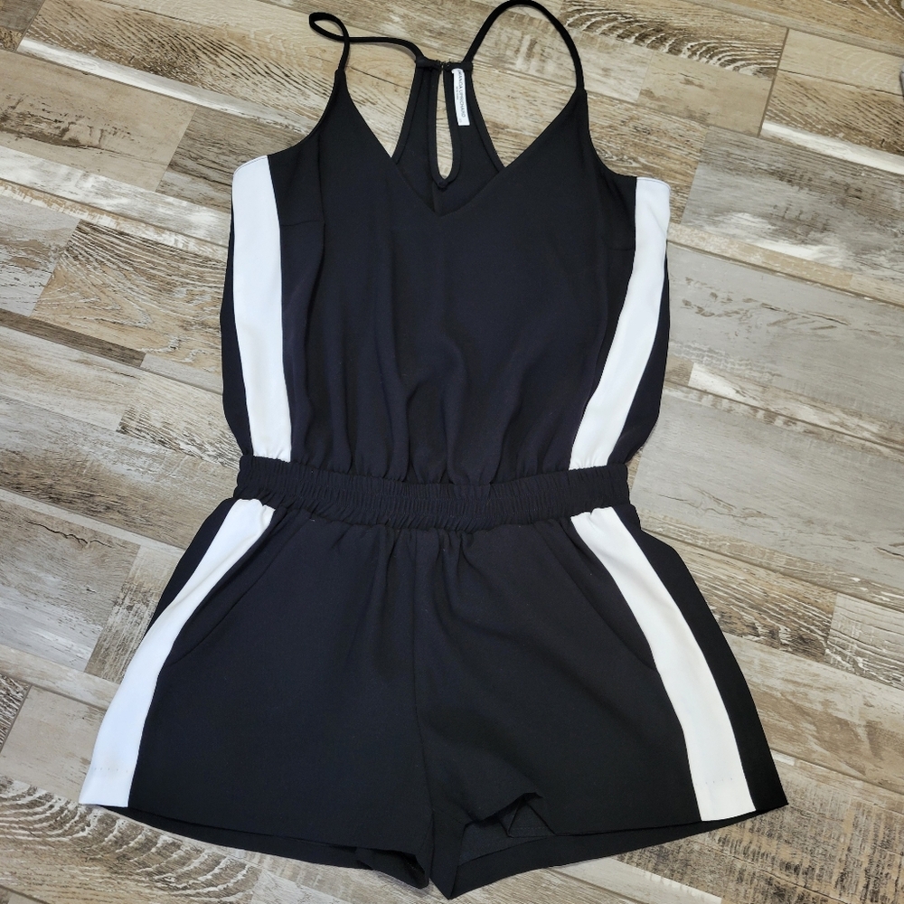 Revolve Amanda Uprichard Track Romper in Black Ivory Stripe Size XS - Picture 2 of 7